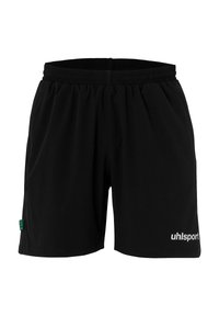 Sorte sportshorts lavet af letv ægtsstof. Har en elastisk talje og et hvidt "uhlsport" logo på højre ben.