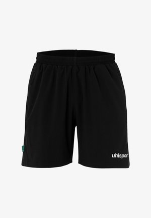 Sorte sportshorts lavet af letvægtsstof. Har en elastisk talje og et hvidt "uhlsport" logo på højre ben.