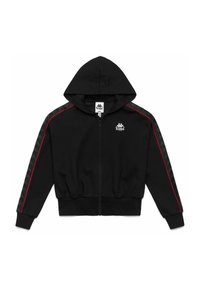 Felpa nera con zip, dotata di cappuccio, dettagli rossi e pannelli laterali decorati. Realizzata in tessuto morbido con orlo e polsini aderenti.
