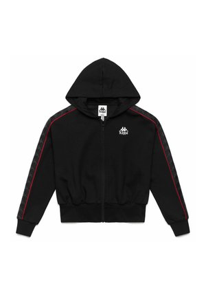 Felpa nera con zip, dotata di cappuccio, dettagli rossi e pannelli laterali decorati. Realizzata in tessuto morbido con orlo e polsini aderenti.