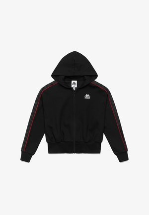 Felpa nera con zip, dotata di cappuccio, dettagli rossi e pannelli laterali decorati. Realizzata in tessuto morbido con orlo e polsini aderenti.