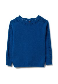 Suéter azul de punto con detalles de encaje en el cuello y las mangas, puños acanalados y un dobladillo texturizado.