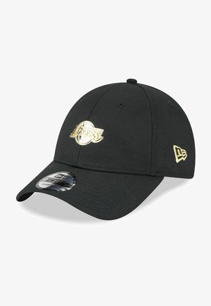 Black baseball cap with curved brim, featuring a gold embroidered Los Angeles Lakers logo on the front and a small gold logo on the side.