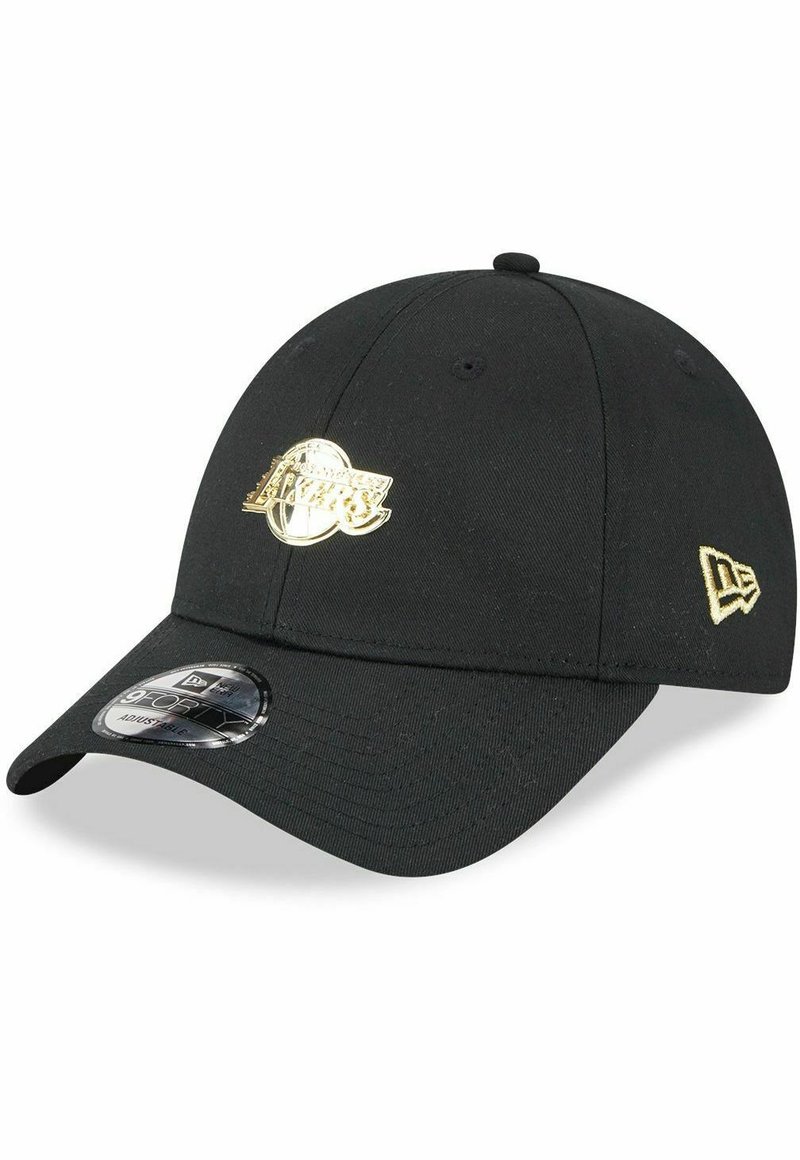 Black baseball cap with curved brim, featuring a gold embroidered Los Angeles Lakers logo on the front and a small gold logo on the side.