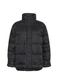 Sort pufferjakke med høj krave, der har et quiltet design, lange ærmer og en lige pasform. Glat, blankt materiale.