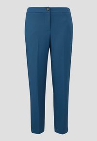 Pantaloni blu confezionati con una texture liscia, chiusura a bottone e design a gamba dritta. Parte anteriore piatta e tasche laterali. Il tessuto appare leggero.