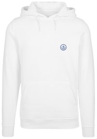White hoodie made of soft fabric, featuring a front pouch pocket, drawstring hood, and a small blue logo on the left chest.