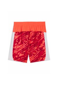 Shorts de sport à motifs rouges et oranges, dotés d'un panneau latéral blanc et d'une taille élastique pour plus de confort. Tissu lisse et léger.