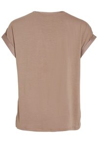 Bézs rövid ujjú ing, visszahajtott mandzsettákkal, környakú nyakkivágással és laza szabással, hátulnézetben, egyszerű fehér háttéren.