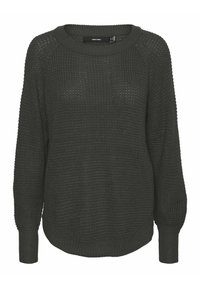 Mørkegrøn strikket sweater med en løs pasform, ribbede rundhals og lange, let puffede ærmer. Har et struktureret vævemønster hele vejen igennem.