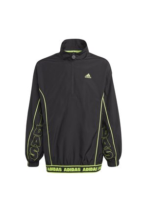 Czarna kurtka wiatrówka z półzamkiem, wysokim kołnierzem i limonkowymi akcentami; posiada branding „ADIDAS” na rękawach i pasku w talii.