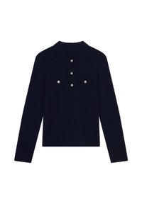 Marineblauwe poloshirt met lange mouwen, voorzien van een kraag, twee borstzakken met kleppen en zilveren knopen aan de voorkant. Soepele textuur.