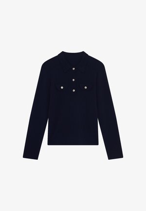 Navy long-sleeve polo sweater, featuring a collar, two chest pockets with flaps, and silver buttons down the front. Smooth texture.