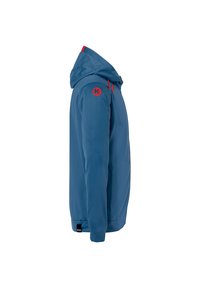 Giacca con cappuccio blu realizzata in materiale liscio. Presenta dettagli rossi, un logo sulla spalla e una tasca a marsupio. Vestibilità standard, maniche lunghe.