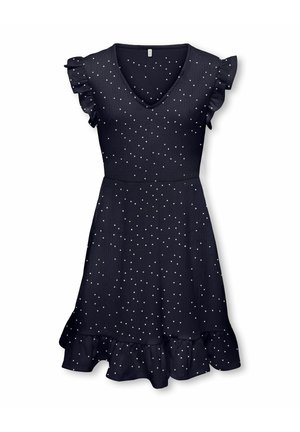 Rochie neagră fără mâneci cu buline albe, decolteu în V, mâneci cu volane, talie ajustată și tiv cu volane.