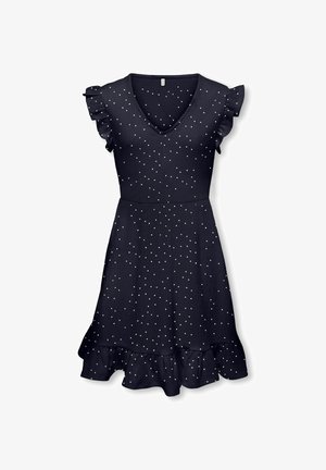 Robe noire sans manches à pois blancs, col en V, manches à volants, taille cintrée et ourlet à volants.
