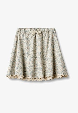 Jupe beige clair avec petit motif floral bleu et orange, taille élastique avec nœud, et doublure à volants en bas.