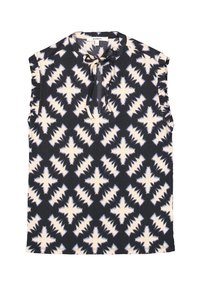 Bezrękawnik w ciemnym granacie z kremowym i jasnoniebieskim geometrycznym wzorem. Posiada okrągły dekolt, wiązanie z przodu oraz falbaniaste ramiona.