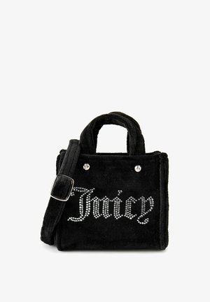 Borsa in peluche nera con manici superiori e tracolla regolabile, decorata con logo in scritta di borchie argentate sul davanti.