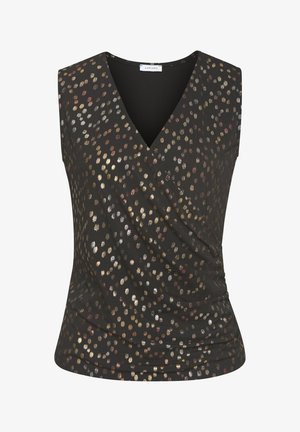 Sleeveless top with a black base featuring a v-neck design and metallic dot patterns in gold, bronze, and silver. Textured, draped fabric.