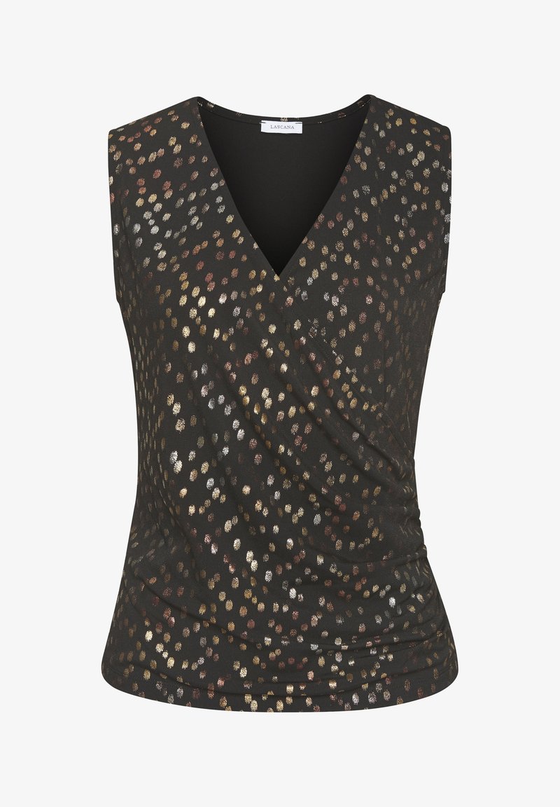 Top brez rokavov z črno podlago, ki ima v-izrez in kovinske pikice v zlati, bronasti in srebrni barvi. Teksturovan, draped material.