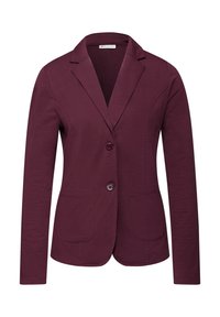 Blazer bordeaux realizzato in tessuto morbido, con colletto a reverse, due tasche frontali e due bottoni per la chiusura. Texture liscia.