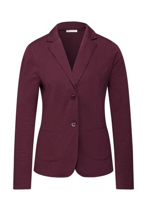 Blazer bordeaux realizzato in tessuto morbido, con colletto a reverse, due tasche frontali e due bottoni per la chiusura. Texture liscia.