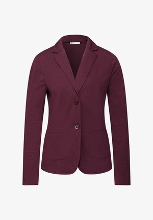 Bordeauxfarbener Blazer aus weichem Stoff, mit Reverskragen, zwei Fronttaschen und zwei Knöpfen zum Verschließen. Glatte Textur.