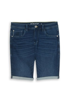 Dunkelblaue Jeansshorts mit umgeschlagenen Säumen, Knopfverschluss, fünf Taschen und Gürtelschlaufen, Größe 31 von Tom Tailor.