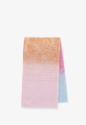 Woven scarf with an ombre design in shades of orange, pink, and blue. Textured surface adorned with a floral pattern and fringed edges.