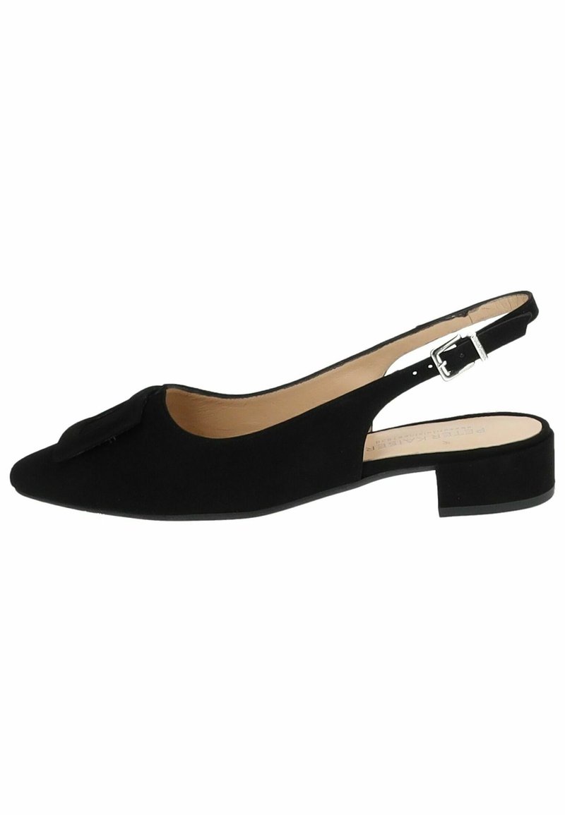 Black slingback flat shoe featuring a pointed toe, suede material, decorative bow detail, and a low block heel. Simple buckle closure at heel.