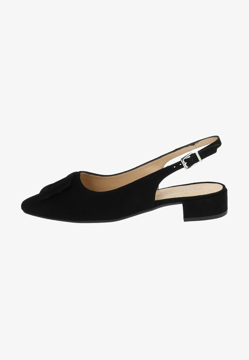 Black slingback flat shoe featuring a pointed toe, suede material, decorative bow detail, and a low block heel. Simple buckle closure at heel.