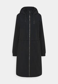 Svart huppjacka med dragkedja fram, elastiska ärmslut och justerbar huva. Har en rak passform och en medellång design.