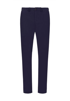 Pantaloni blu navy scuro in tessuto liscio, con chiusura a bottone, passanti per cintura e gambe affusolate per una vestibilità snella.