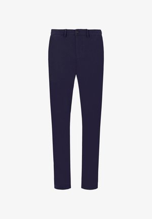 Pantaloni blu navy scuro in tessuto liscio, con chiusura a bottone, passanti per cintura e gambe affusolate per una vestibilità snella.