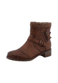 Braune Knöchelstiefel aus strukturiertem Stoff, mit dekorativen Mustern, Schnallen-Details und einem gemütlichen Strickkragen. Klobiger Absatz für Stabilität.
