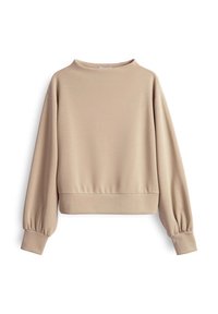 Sweatshirt cropped beige realizzato in tessuto liscio con scollatura tonda, maniche lunghe a sbuffo e orlo a costine. Design semplice e minimalista.