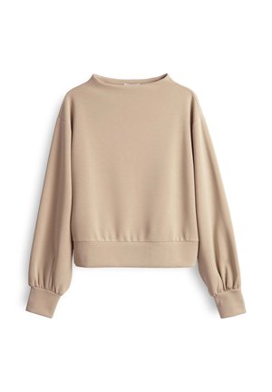 Sweatshirt cropped beige realizzato in tessuto liscio con scollatura tonda, maniche lunghe a sbuffo e orlo a costine. Design semplice e minimalista.