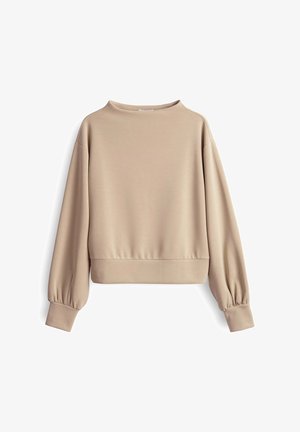 Beige verkürzter Sweatshirt aus glattem Material mit rundem Ausschnitt, gepufften langen Ärmeln und geripptem Saum. Schlichtes und minimalistisches Design.