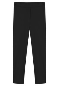 Pantalons noirs en tissu stretch lisse. Présentent une silhouette ajustée, une taille élastique et une coupe droite sans poches visibles.