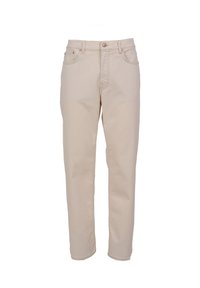 Pantalones de algodón beige con diseño de pierna recta, que cuentan con bolsillos delanteros y un cierre de botón clásico. Textura suave, costuras mínimas.