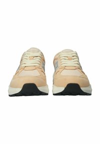 Pink and beige athletic sneakers with a suede finish, mesh accents, and a textured rubber sole. Features laces and logo detailing.