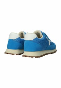 Blue suede and smooth synthetic sneaker with white heel and accents, featuring a textured sole for grip and a classic lace-up design.