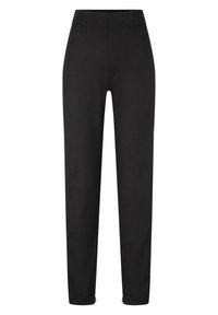 Zwarte slim-fit broek met een hoge taille en ritsjes bij de enkels, gemaakt van gladde stof, plat weergegeven op een witte achtergrond.