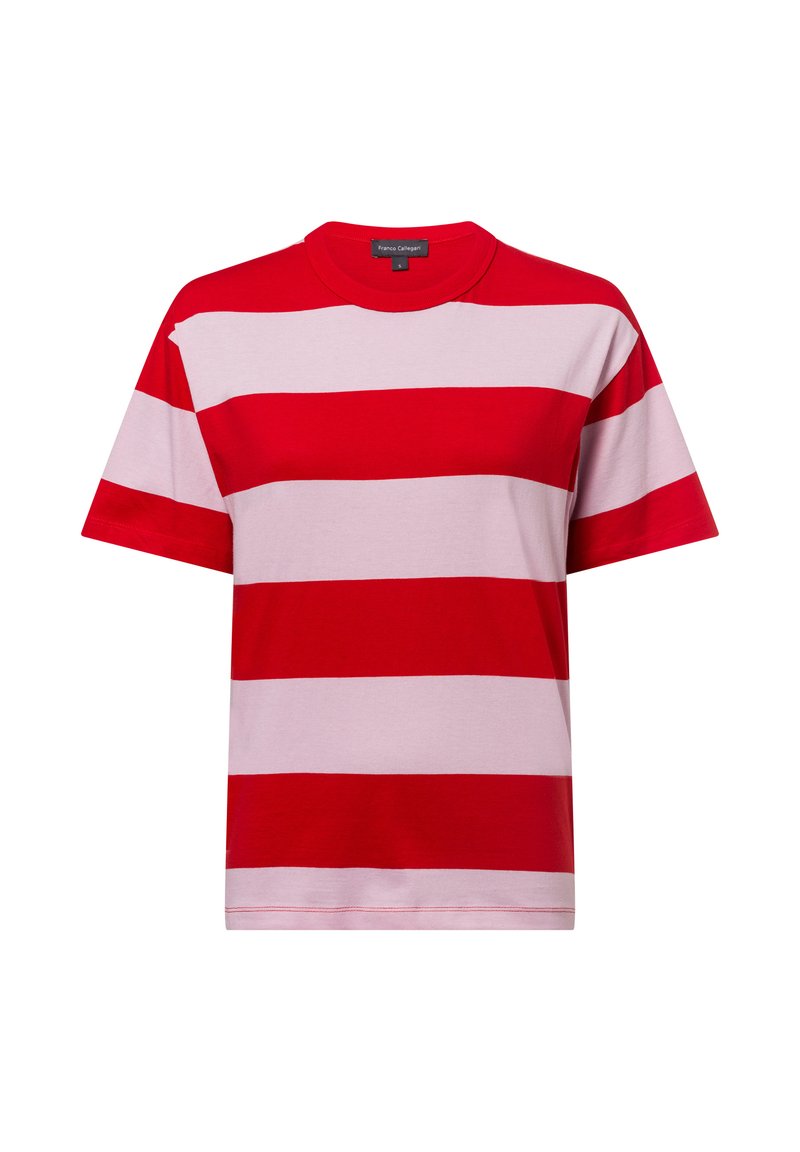 Red and pink striped T-shirt, made of cotton, featuring short sleeves and a round neckline. Smooth texture, casual fit.