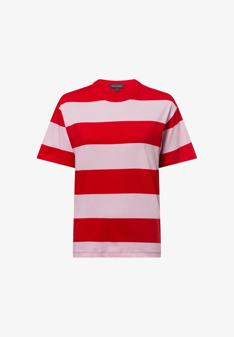 Red and pink striped T-shirt, made of cotton, featuring short sleeves and a round neckline. Smooth texture, casual fit.
