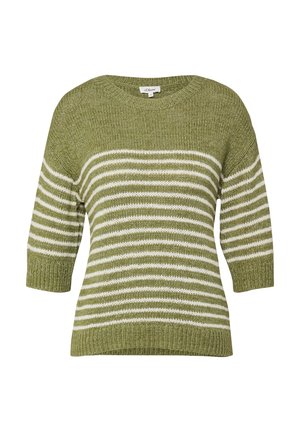 Sweter z dzianiny w oliwkowej zieleni z białymi poziomymi paskami, z półdługimi rękawami, okrągłym dekoltem oraz ściągaczami na mankietach i dole.