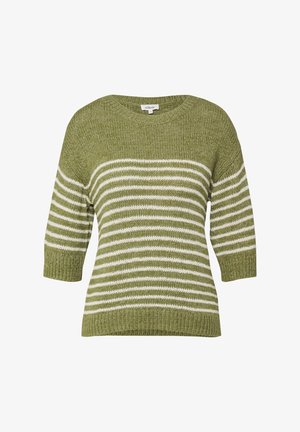 Olivgrüner Strickpullover mit weißen horizontalen Streifen, halblangen Ärmeln, Rundhalsausschnitt sowie gerippten Bündchen und Saum.