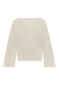Blouse crème à manches longues avec plis verticaux et col rond, ourlet raccourci, en tissu léger.