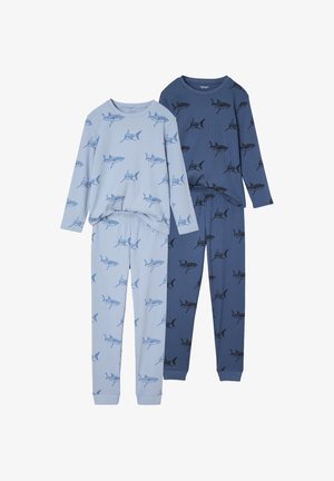 Two sets of ribbed children's pajamas, one light blue and one dark blue, both with repeated shark prints on top and pants.